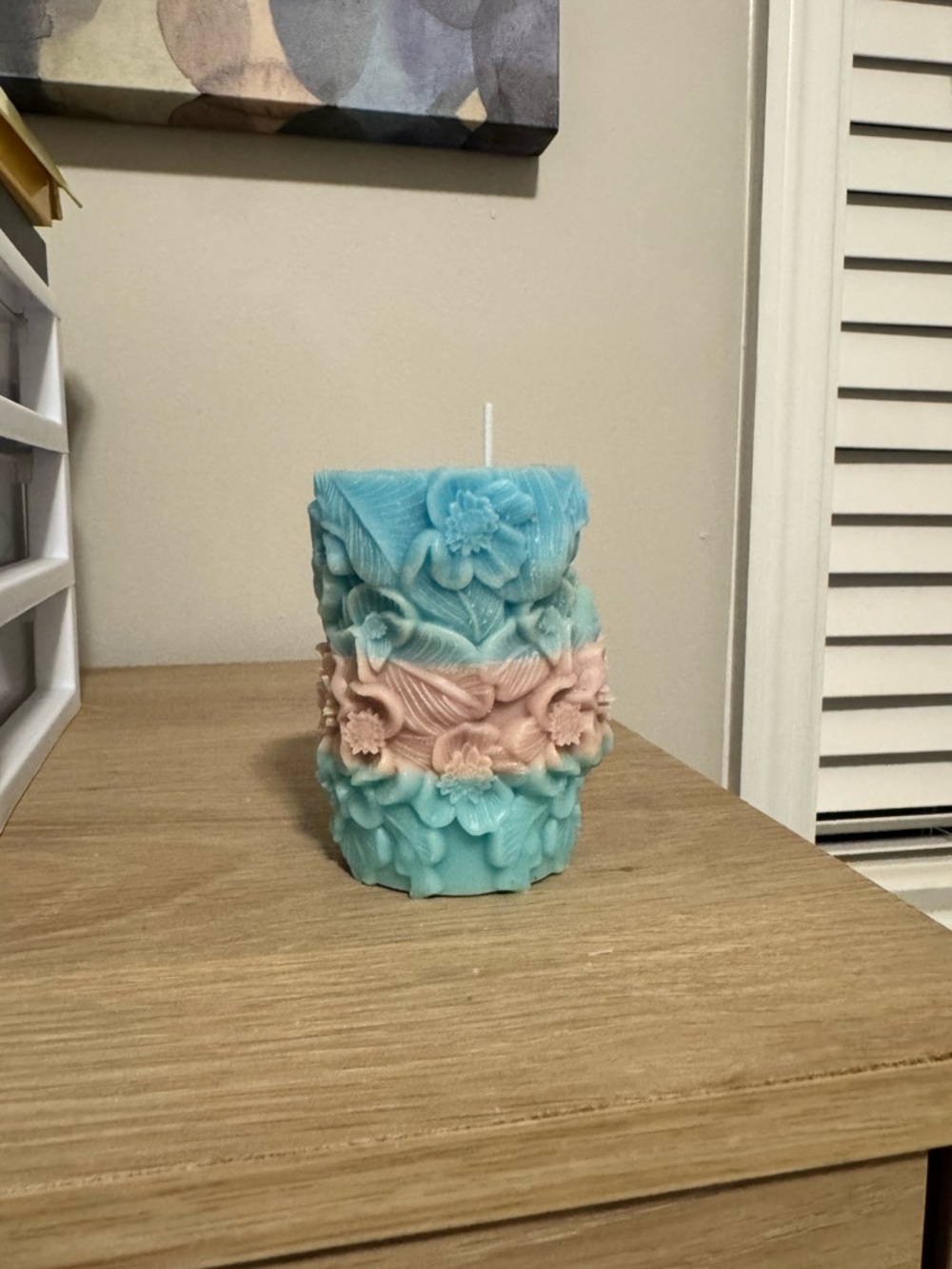 Handcrafted Decorative Floral Carved Pillar Candle in Aqua and Blush